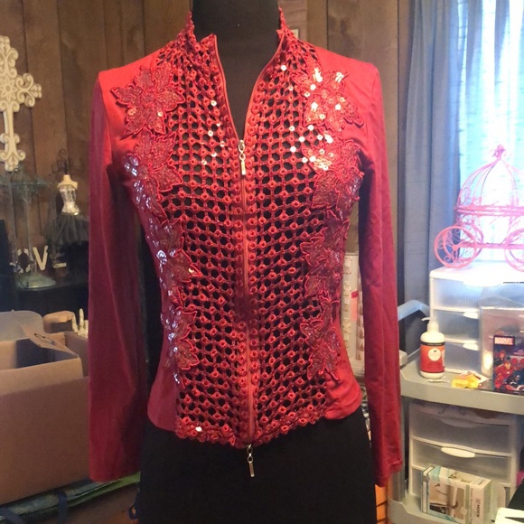 Beautiful Red Sequin Women’s Long Sleeved Jacket Made in France - Picture 12 of 15